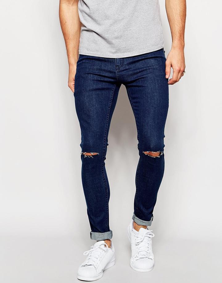 Only & Sons Vintage Wash Jeans With Rips In Skinny Fit - Mid Blue