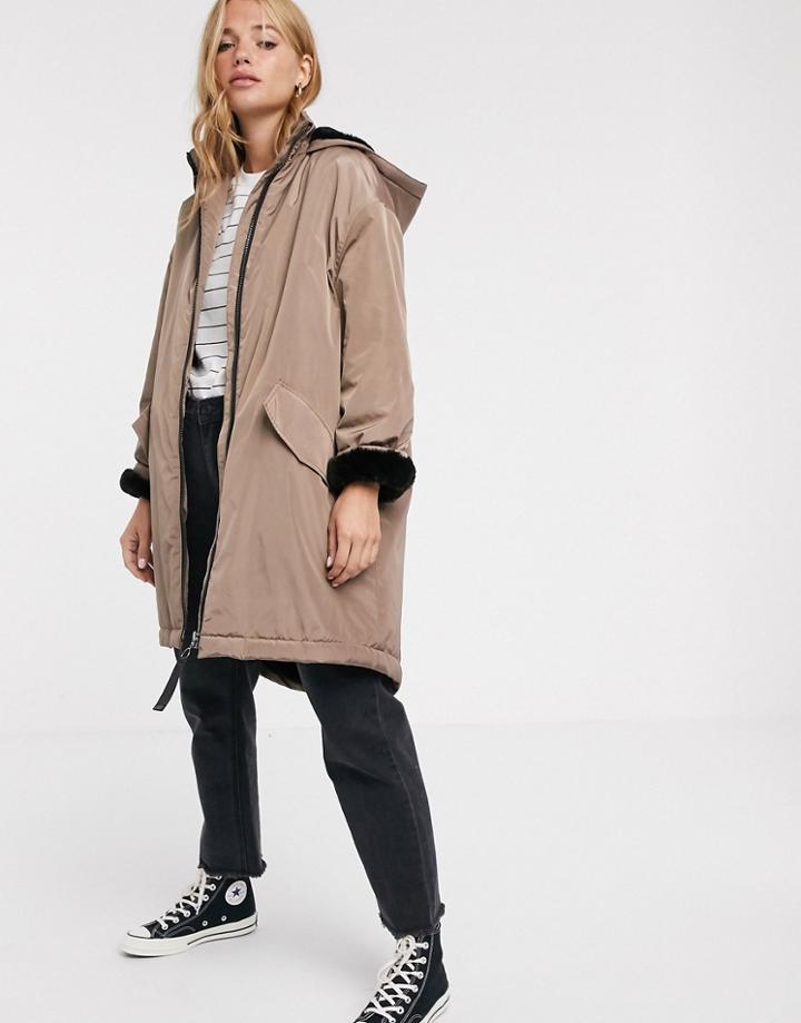 Asos Design Faux Fur Lined Raincoat In Mink-beige