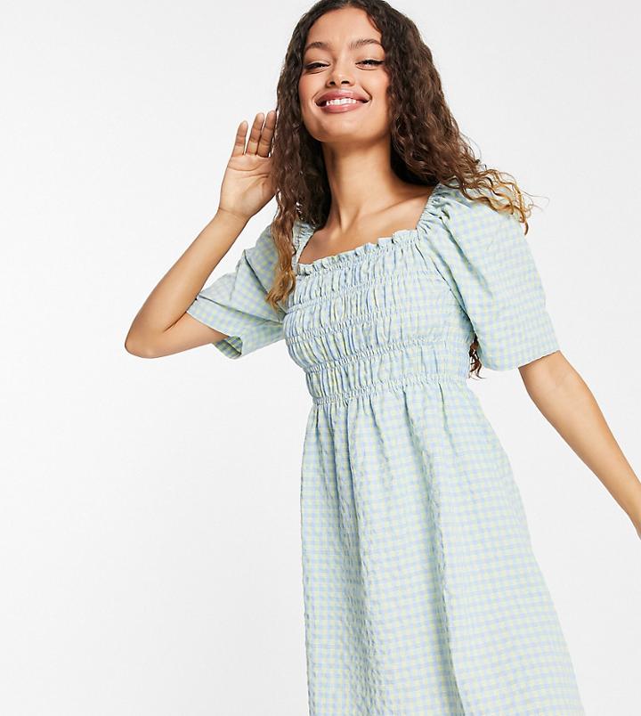 Vila Petite Midi Dress With Shirring And Square Neck In Gingham-blues