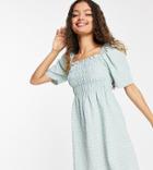 Vila Petite Midi Dress With Shirring And Square Neck In Gingham-blues