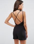 Asos Cami Romper With Lace Up Back Detail - Black
