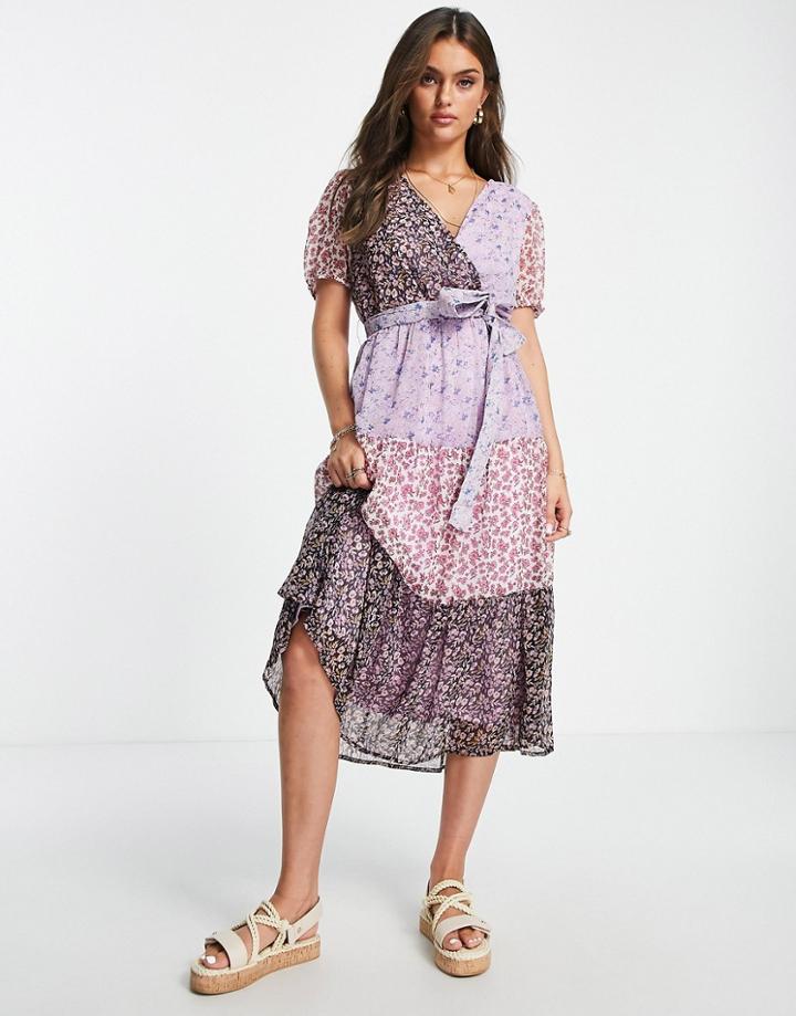 Jdy Chiffon Wrap Tiered Midi Dress In Mixed Floral-multi