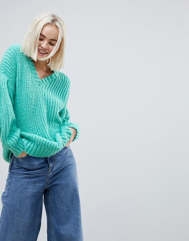 Asos Oversized Sweater In Rib With Pleat Sleeve - Green