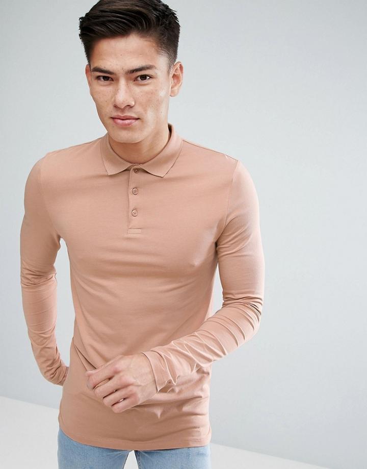Asos Longline Muscle Fit Long Sleeve Polo In Beige - Beige