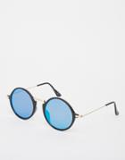 Asos Round Sunglasses With Metal Extended Arms And Blue Flash Lens - Black