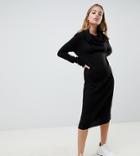 Asos Design Petite Cowl Neck Knitted Midi Dress With Extra Long Sleeve - Black