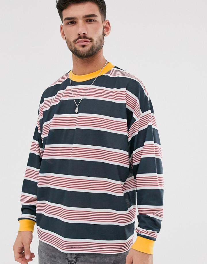 Asos Design Oversized Long Sleeve Striped T-shirt With Contrast Neck-multi
