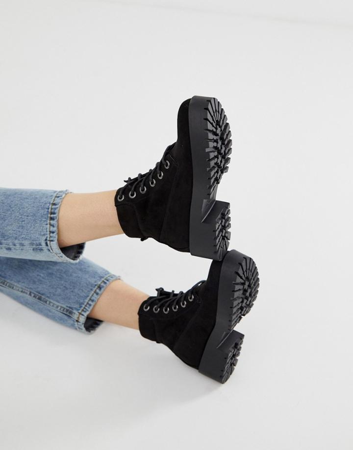 New Look Lace Up Chunky Flat Boot In Black - Black