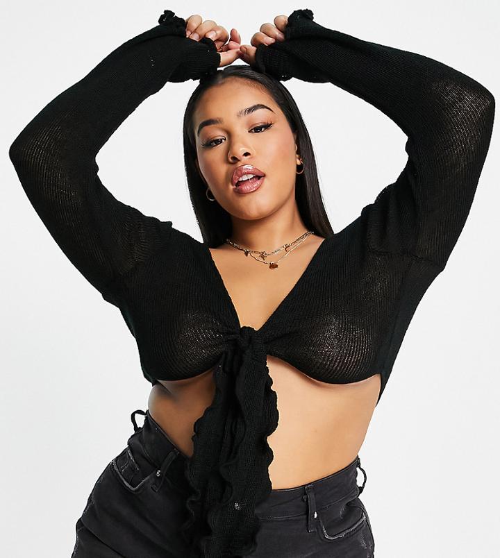 Asos Design Curve Knit Tie Front Top In Black