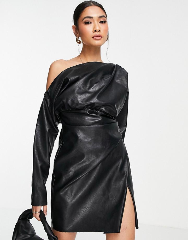 Asos Design Pu Off Shoulder Mini Dress With Tuck Detail Bodice In Black
