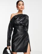 Asos Design Pu Off Shoulder Mini Dress With Tuck Detail Bodice In Black