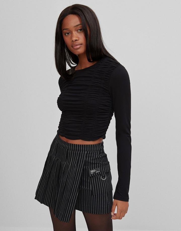 Bershka Top With Ruched Front In Black