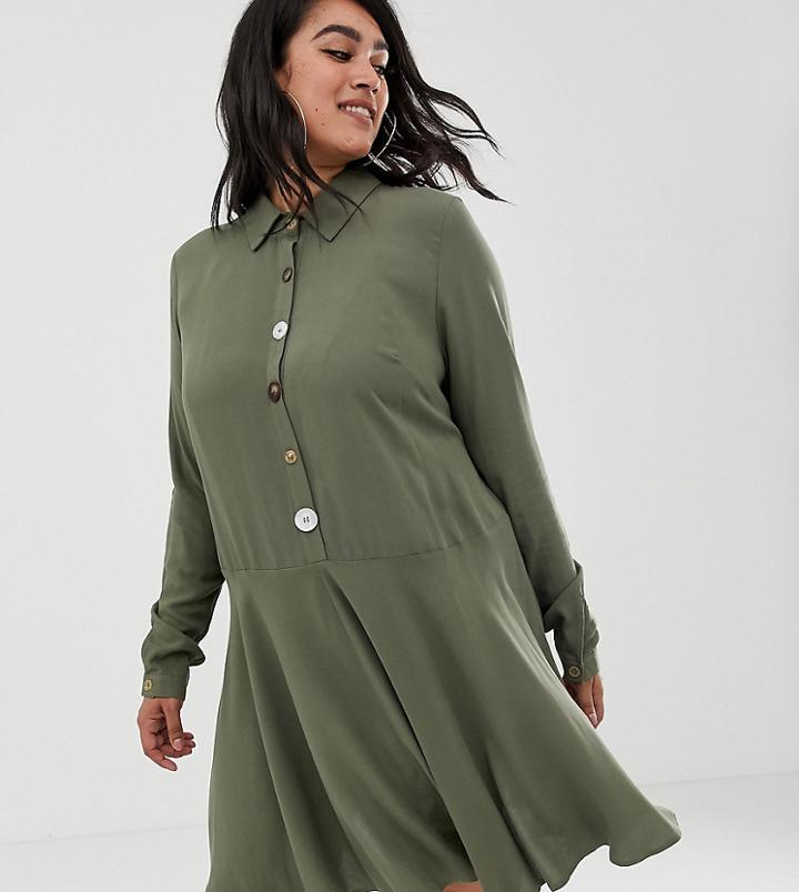 Asos Design Curve Swing Mini Shirt Dress With Contrast Buttons - Green