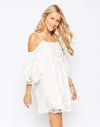 Parisian Cold Shoulder Dress With Cutwork Crochet Trim - White