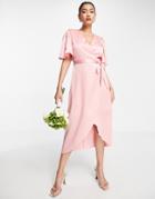 Liquorish Bridesmaid Satin Wrap Front Midaxi Dress In Soft Rose Pink