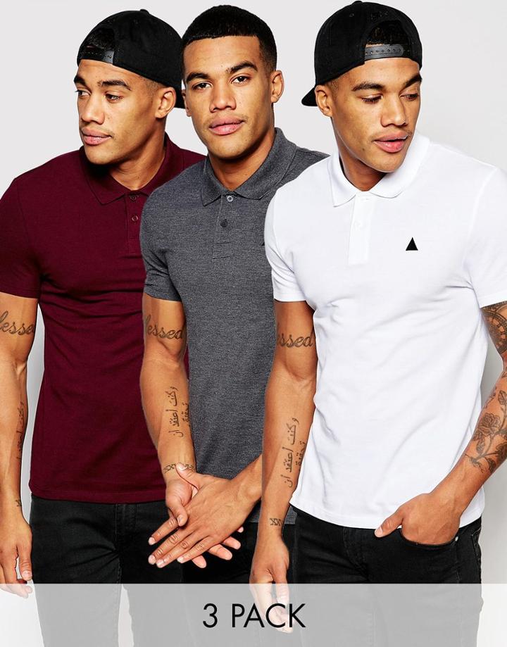 Asos Muscle Logo Pique Polo 3 Pack Charcoal/ White/ Burgundy Save 19% - Multi