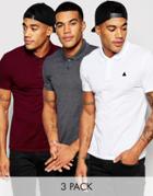 Asos Muscle Logo Pique Polo 3 Pack Charcoal/ White/ Burgundy Save 19% - Multi