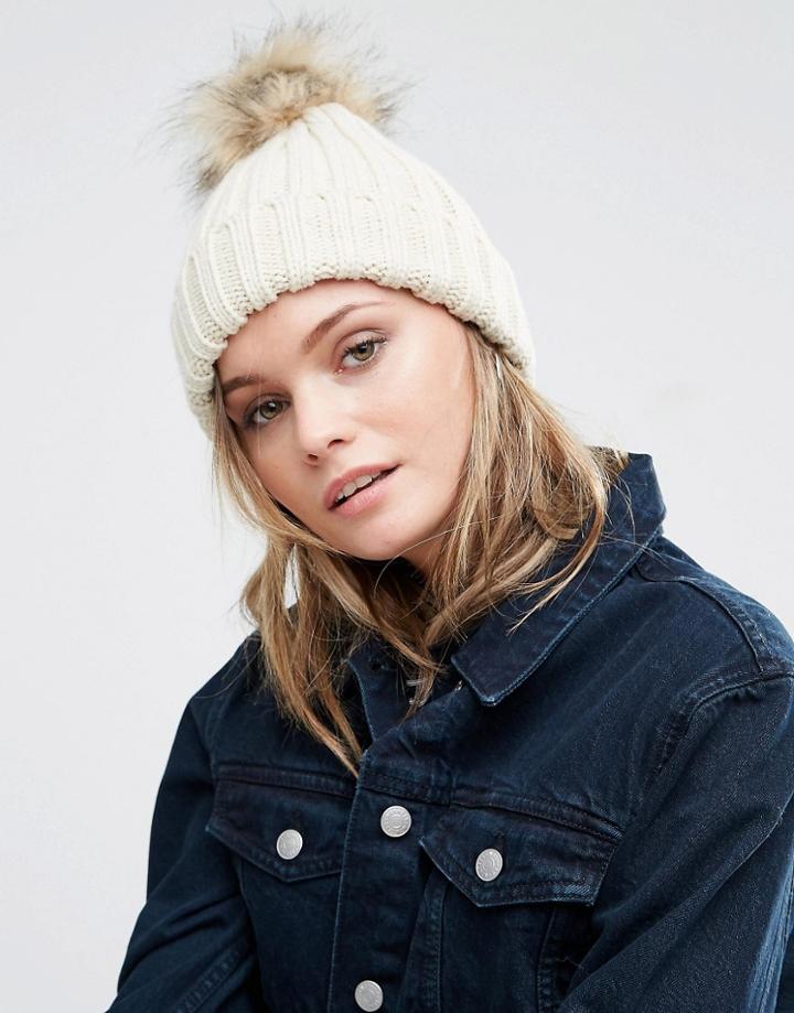 Warehouse Faux Fur Ribbed Beanie Hat - Beige