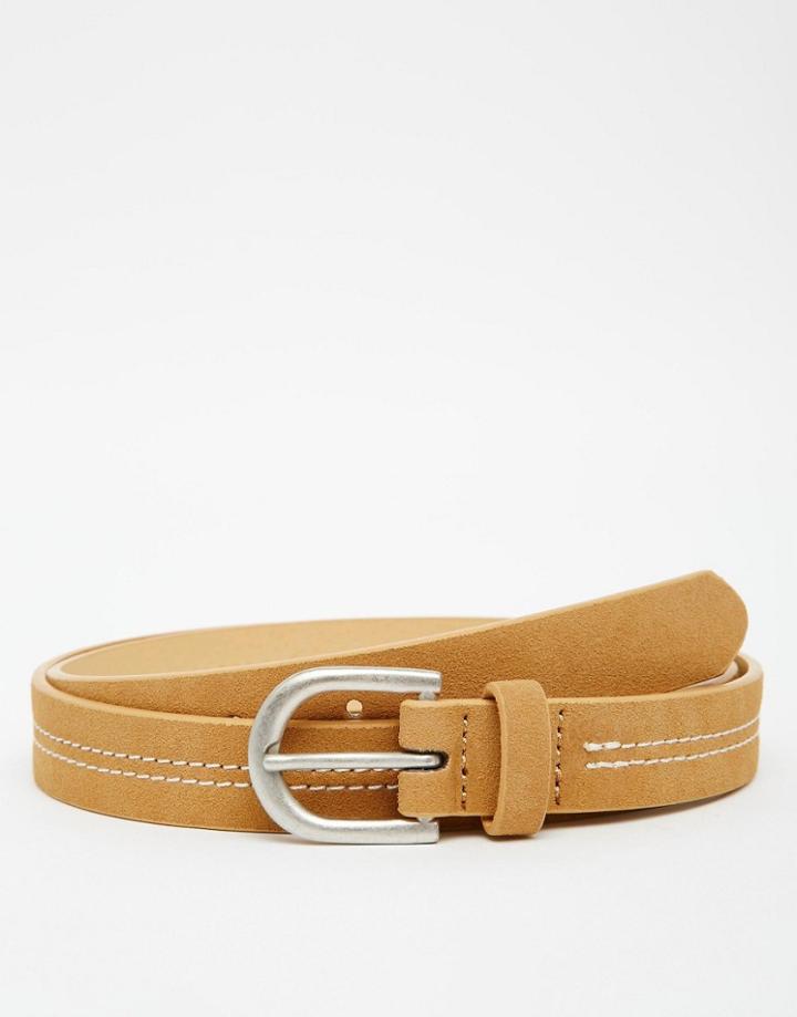 Asos Skinny Belt In Faux Suede With Stitch Detail - Camel