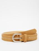 Asos Skinny Belt In Faux Suede With Stitch Detail - Camel