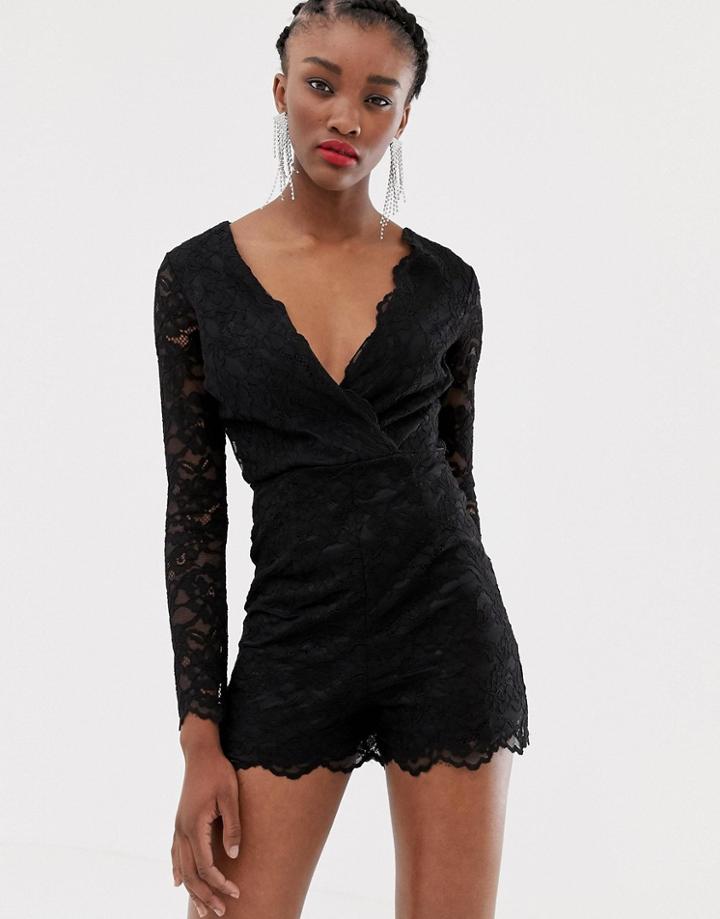 New Look Lace Wrap Romper In Black - Black