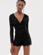 New Look Lace Wrap Romper In Black - Black