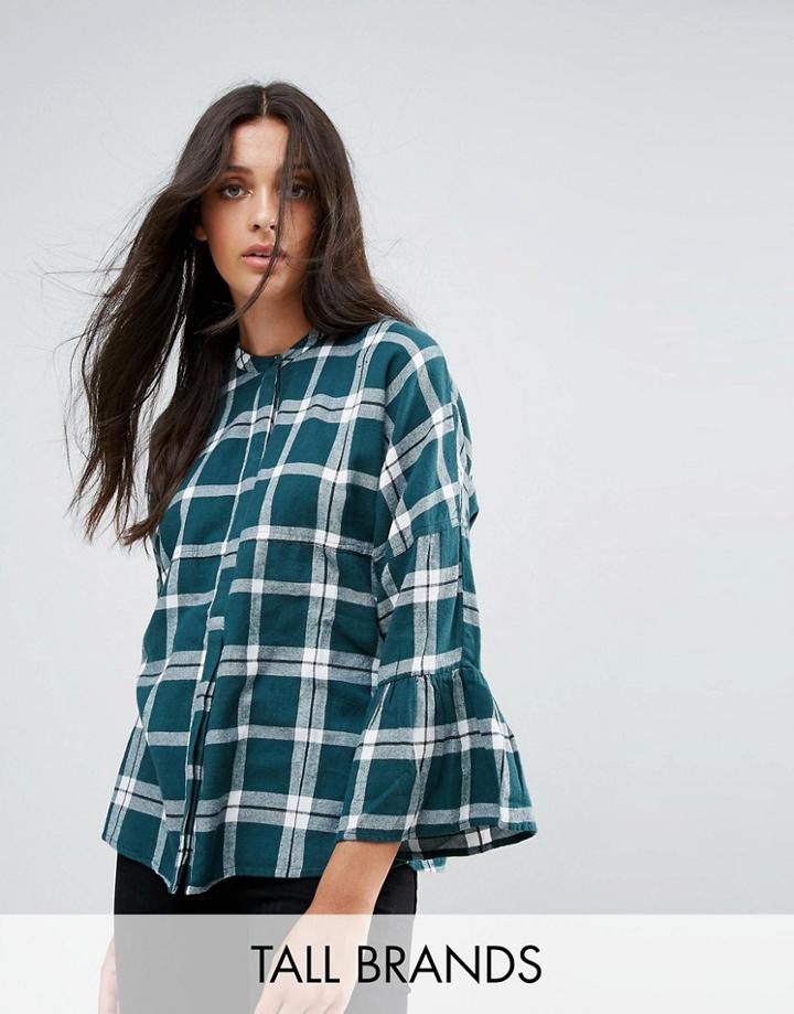 Noisy May Tall Check Shirt With Peplum Sleeve - Green