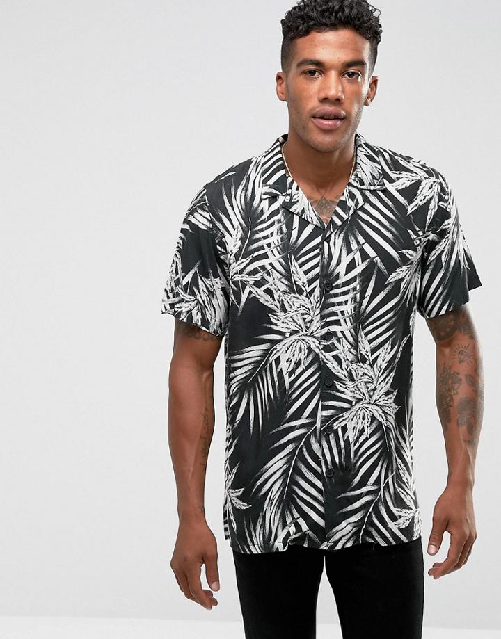 Pull & Bear Regular Fit Shirt With Revere Collar In Black Leaf Print - Black