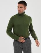Asos Design Lambswool Roll Neck Sweater In Khaki-green