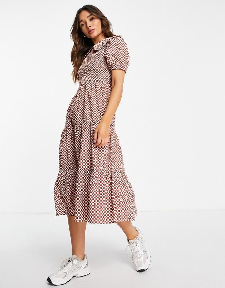 Neon Rose Midi Smock Dress With Shirring And Collar Detail In Gingham-multi
