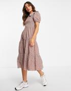 Neon Rose Midi Smock Dress With Shirring And Collar Detail In Gingham-multi
