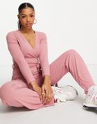 Miss Selfridge Wrap Front Rib Jumpsuit In Pink