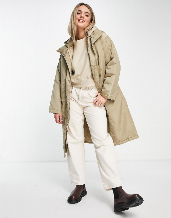 Asos Design Quilted Double Layer Parka Coat In Stone-green