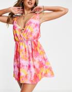 Asos Design Plunge Beach Mini Dress In Tie Dye Print-multi