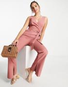 Asos Design Twill Wrap Front Split Hem Flare Jumpsuit In Rose-pink