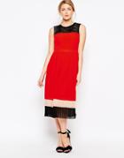 Oasis Color Block Pleat Dress - Red
