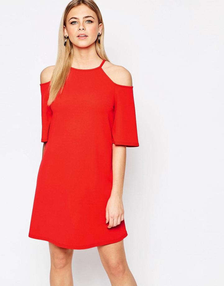 New Look Cold Shoulder Swing Dress - Red