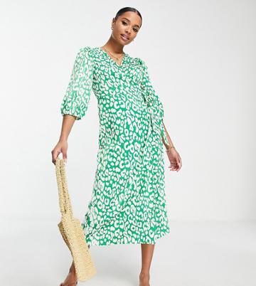Vila Petite Satin Midi Wrap Dress In Leopard Print Green