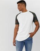 Jack & Jones Originals Longline T-shirt With Camo Raglan Sleeve In White - White