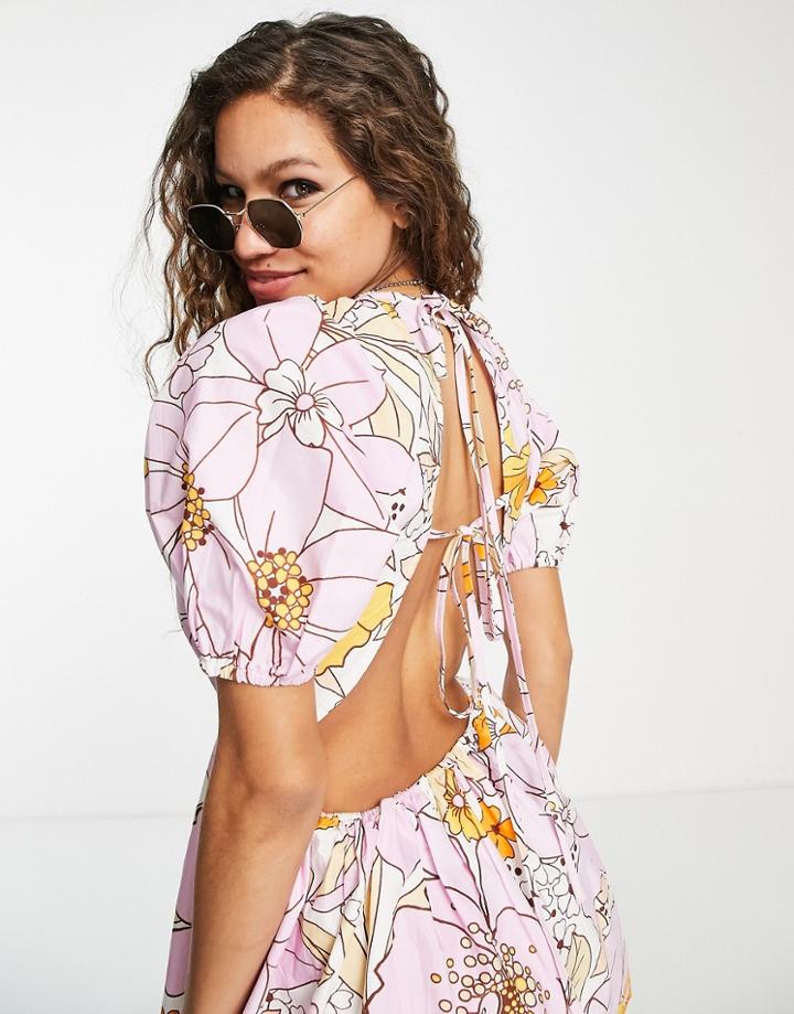 Asos Design Cotton Mini Dress With Open Back In 60s Floral Print-pink