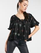 Asos Design V Neck Smock Top With Floral Embroidery-multi