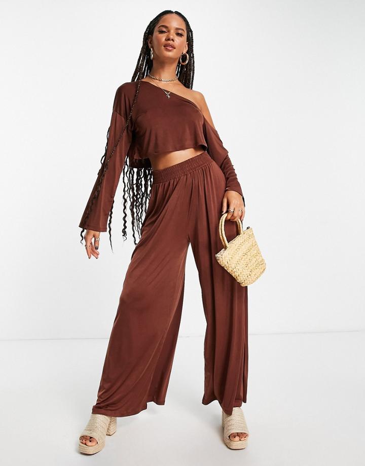 Asos Design Mix And Match Slinky Jersey Off Shoulder Beach Top In Brown