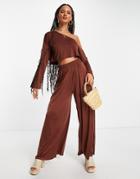 Asos Design Mix And Match Slinky Jersey Off Shoulder Beach Top In Brown