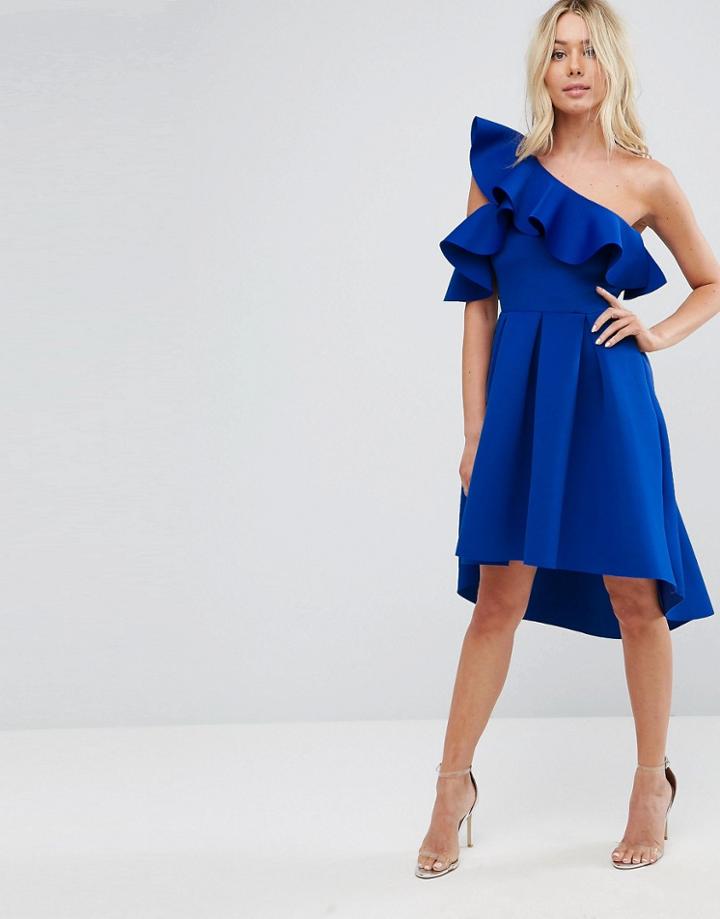 Asos One Shoulder Cold Shoulder Ruffle Dip Back Prom Dress - Blue