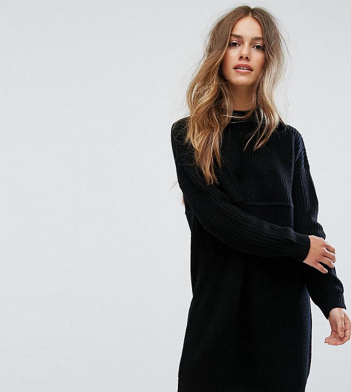 Asos Petite Chunky Knit Dress In Rib With High Neck - Black