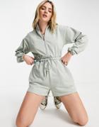 Asos Design Zip Front Sweat Romper In Washed Khaki-green