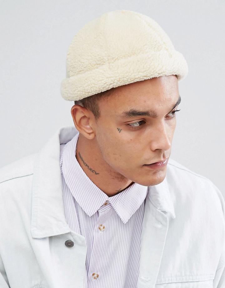 Asos Docker Cap In Ivory Faux Fur - Cream