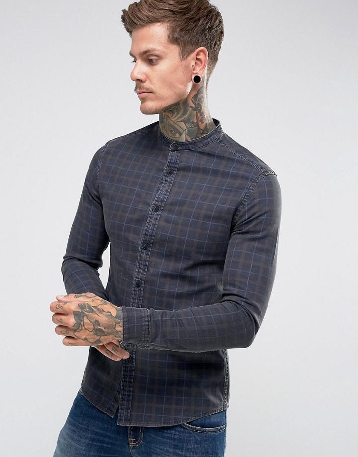 Asos Skinny Denim Check Shirt With Grandad Collar - Navy