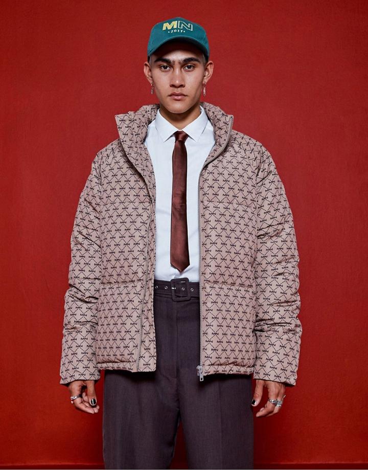 Mennace Puffer Jacket With Beige With Monogram Print And Raglan Sleeves-brown