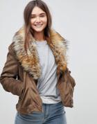 Brave Soul Bellini Jacket With Deep Faux Fur Collar - Brown